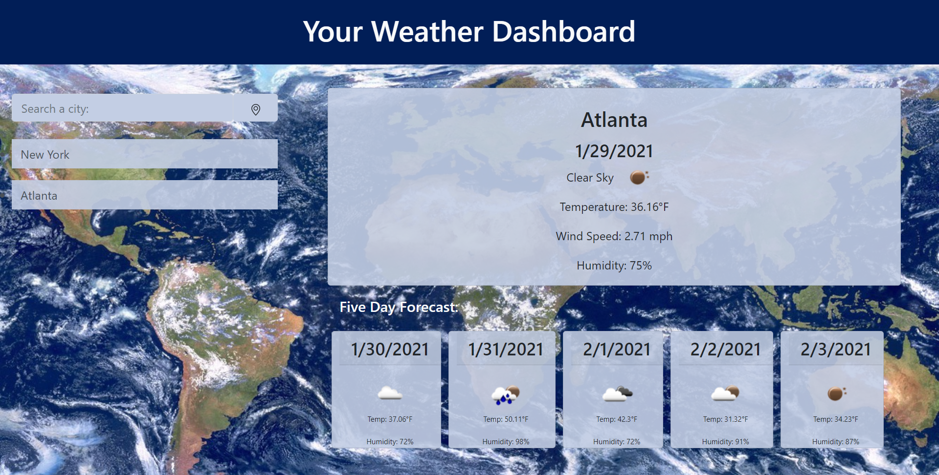 Screenshot of Jon's weather dashboard project.